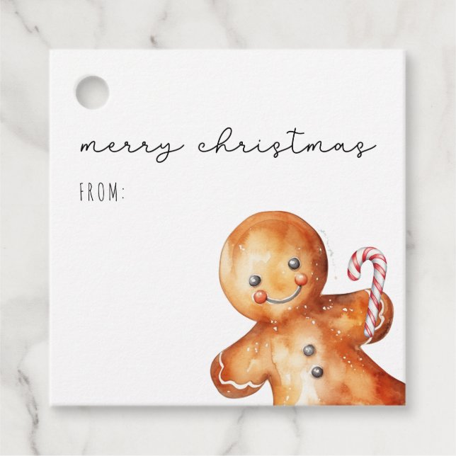 Cute Watercolor Gingerbread Man Merry Christmas Favour Tags (Front)