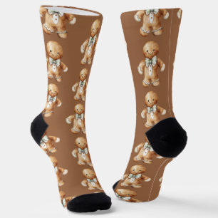Cute Watercolor Gingerbread Man Pattern Brown Socks