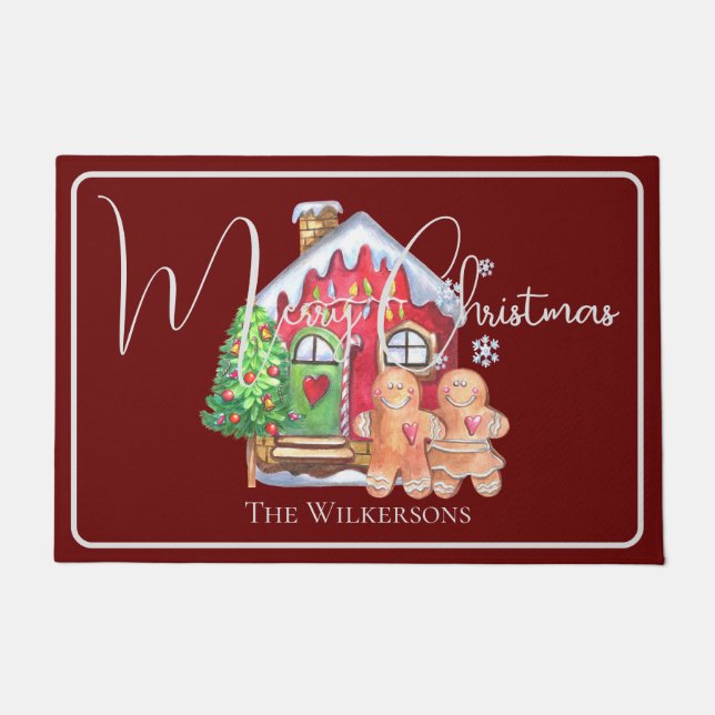 Cute Watercolor Gingerbread People on Burgundy Doormat (Front)