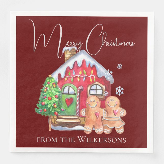 Cute Watercolor Gingerbread People on Burgundy Napkin (Front)