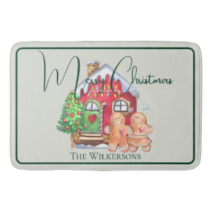 Cute Watercolor Gingerbread People on Sage Bath Mat