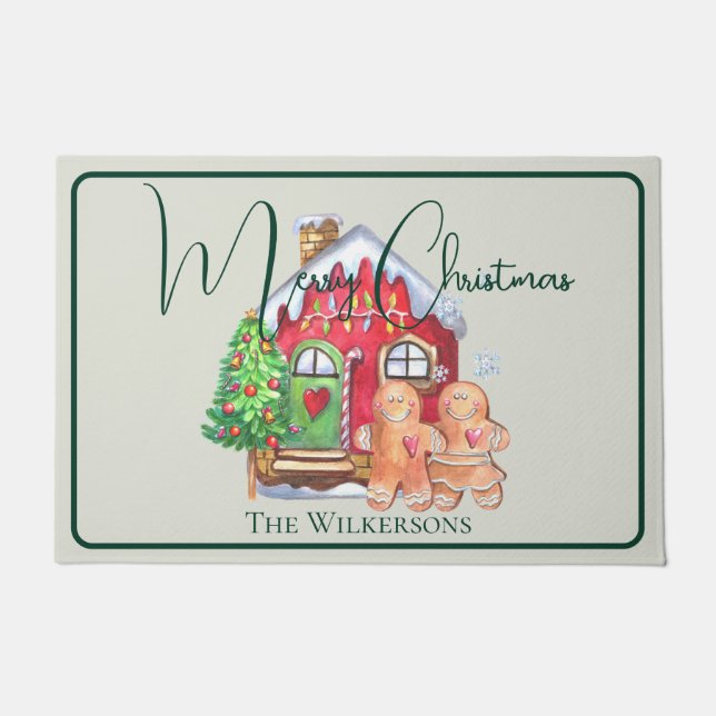 Cute Watercolor Gingerbread People on Sage Doormat (Front)