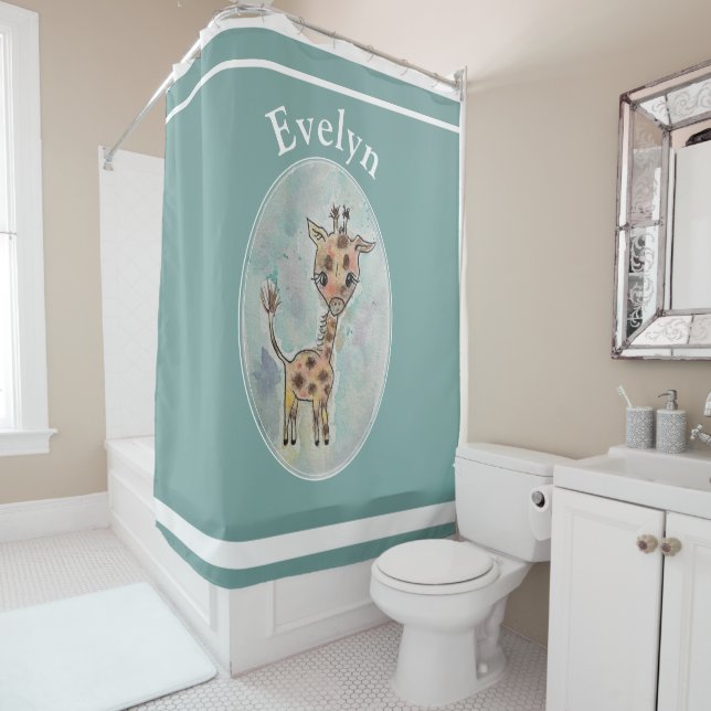 Cute Watercolor Giraffe Customised Shower Curtain (In Situ)