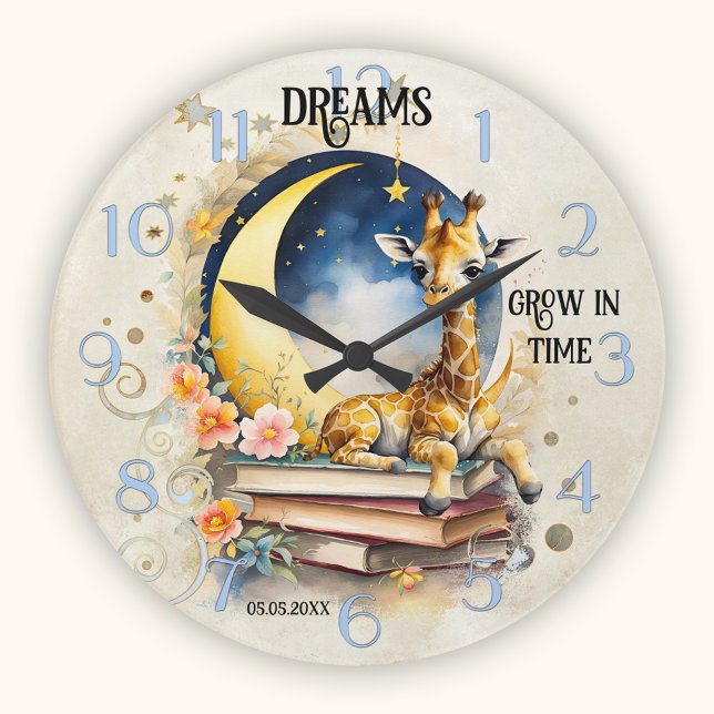 Cute Watercolor Giraffe Dream Round Clock (Wall clock showing a watercolor night time illustration of a giraffe on books with a moon and stars)