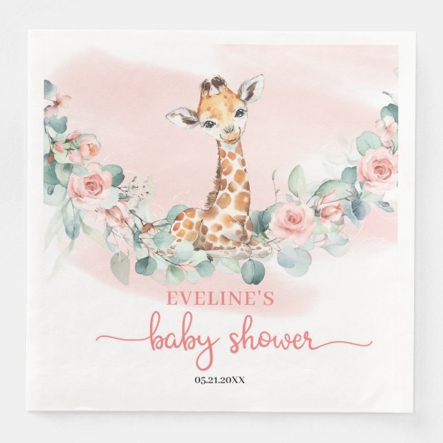 Cute watercolor giraffe eucalyptus and blush roses napkin (Front)