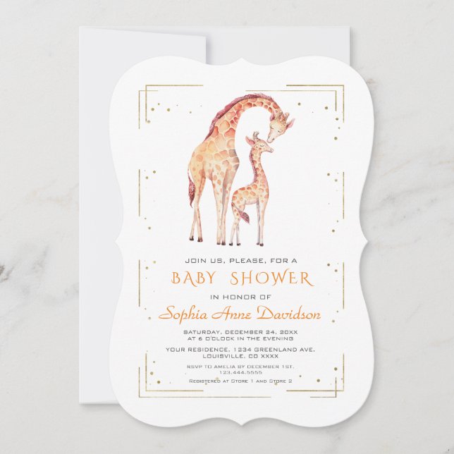 Cute Watercolor Giraffe Gold Glitter Baby Shower Invitation (Front)