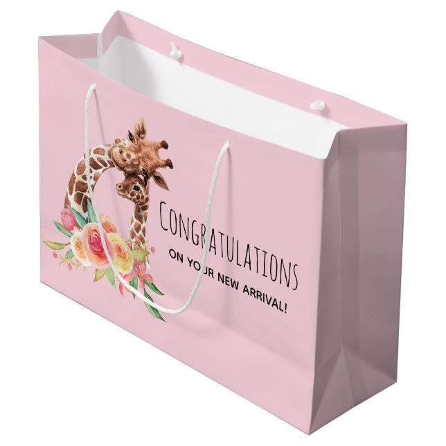 Cute Watercolor Giraffe Mum & Baby Girl Large Gift Bag (Front Angled)