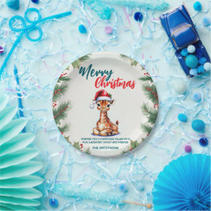 Cute watercolor giraffe Santa  Merry Christmas  Paper Plate