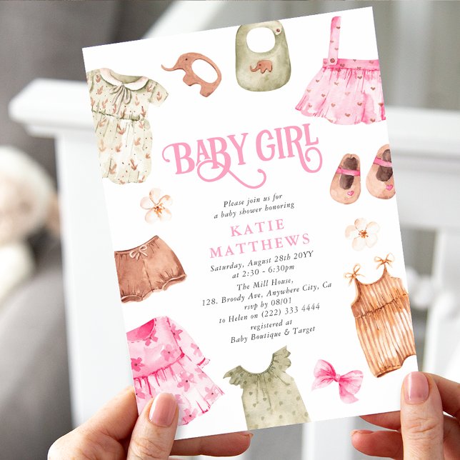 Cute Watercolor Girl Clothes GIRL Baby Shower Invitation (Creator Uploaded)
