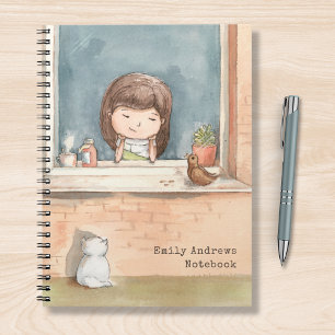 Cute Watercolor Girl With Bird Cat Personalised Notebook