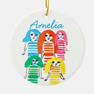 Cute watercolor girls funky fun ceramic tree decoration