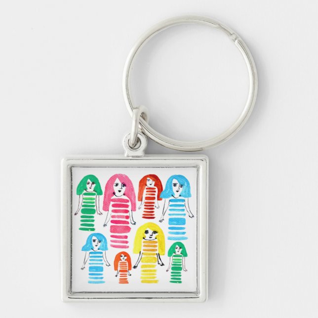 Cute watercolor girls funky modern art key ring (Front)