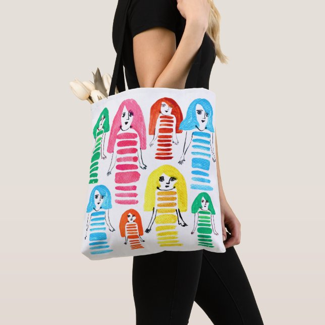 Cute watercolor girls funky modern art tote bag (Close Up)
