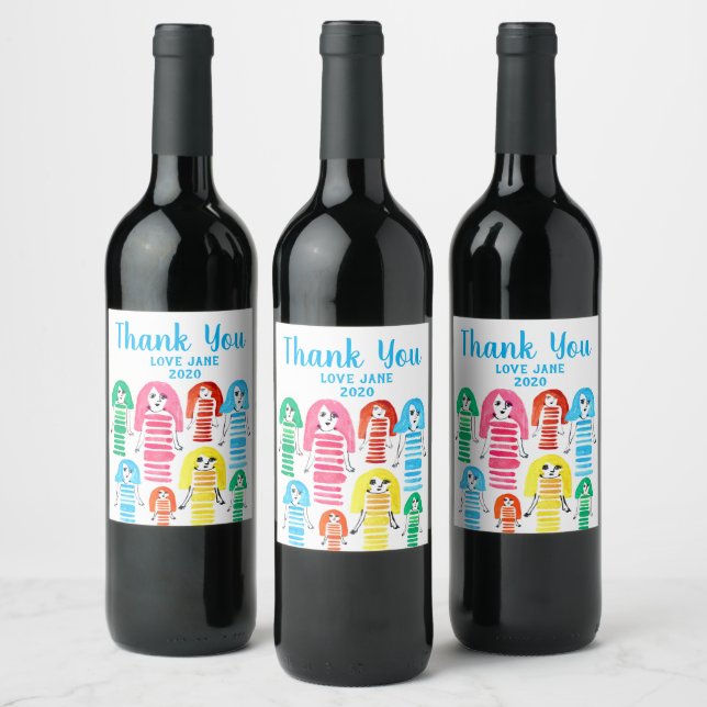 Cute watercolor girls funky modern art wine label (Bottles)