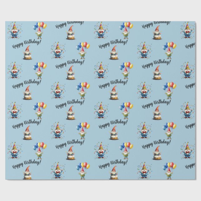 Cute Watercolor Gnome Birthday Celebration Wrapping Paper (Flat)