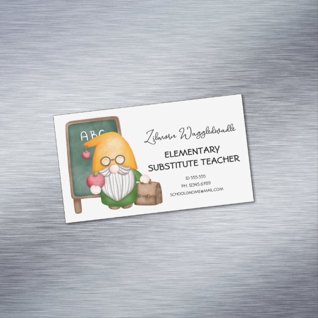 Cute Watercolor Gnome Teacher Magnetic Business Card (In Situ)