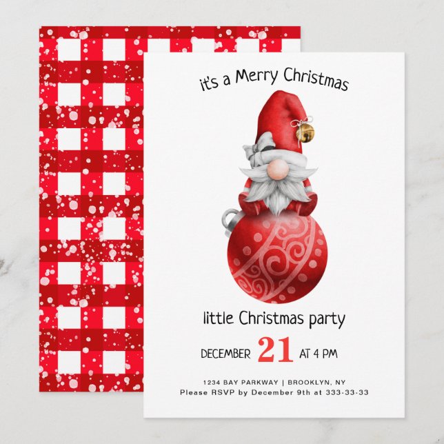 Cute Watercolor  Gnomes Little Christmas Party Inv Invitation (Front/Back)
