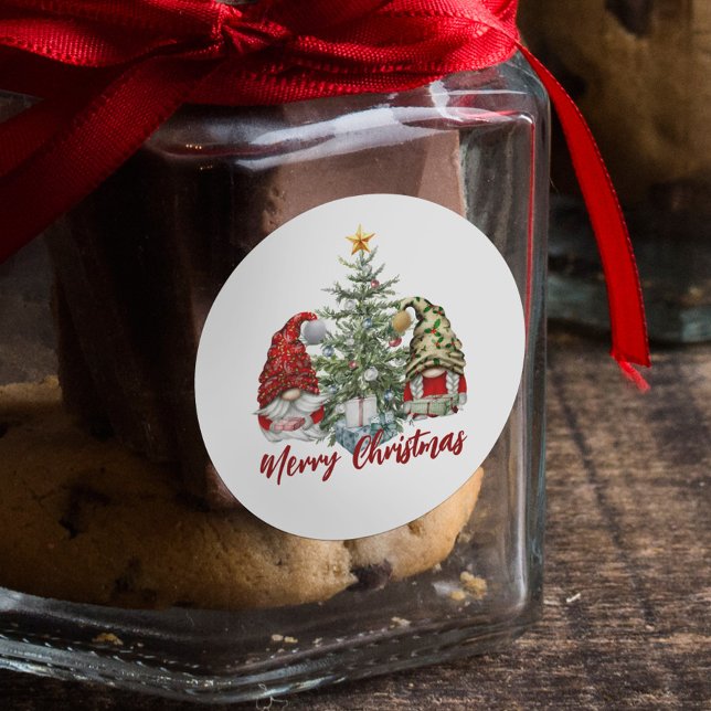 Cute Watercolor Gnomes Merry Christmas Classic Round Sticker (Creator Uploaded)