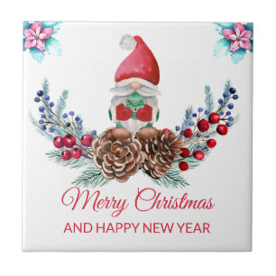 Cute Watercolor Gnomes  & Poinsettia  Tile