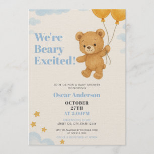 Cute Watercolor Gold Balloons Bear Baby Shower Invitation