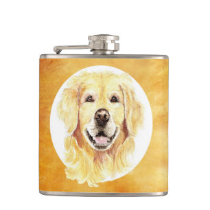 Cute Watercolor Golden Retriever Dog Pet Animal Hip Flask