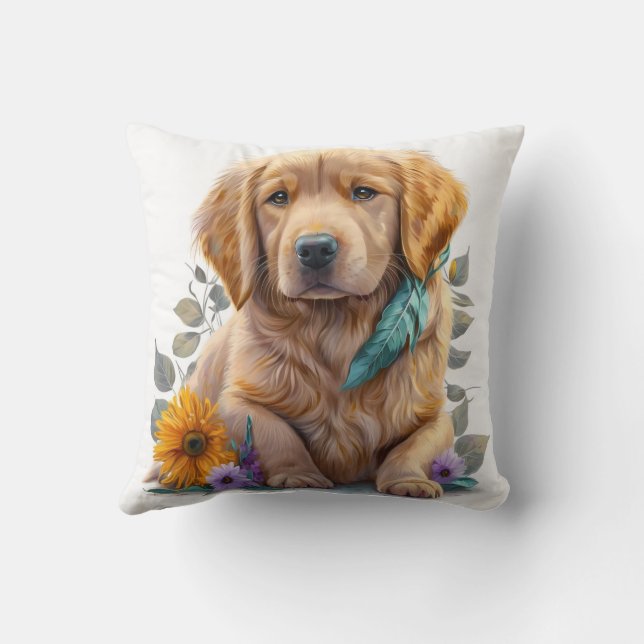 Cute Watercolor Golden Retriever Puppy Dog Cushion (Back)
