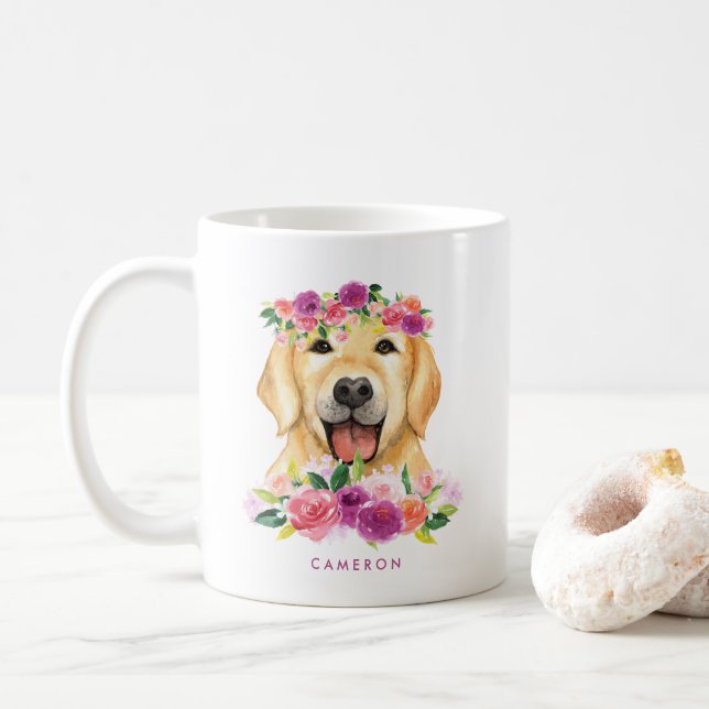 Cute Watercolor Golden Retriever Purple Floral Coffee Mug (With Donut)