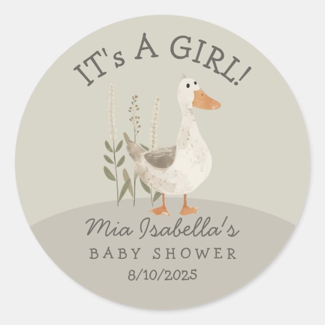 Cute Watercolor Goose Baby Shower  Round Sticker (Front)