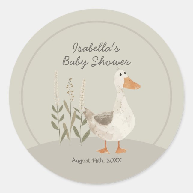 Cute Watercolor Goose Baby Shower Round Sticker (Front)
