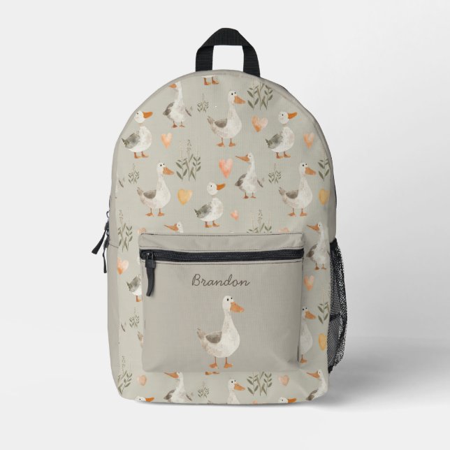 Cute Watercolor Goose & Name Printed Backpack (Front)