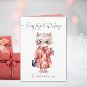 Cute Watercolor Granny Cat Happy Birthday Card