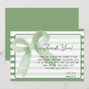 Cute Watercolor Green Bow Baby Shower Thank You Card