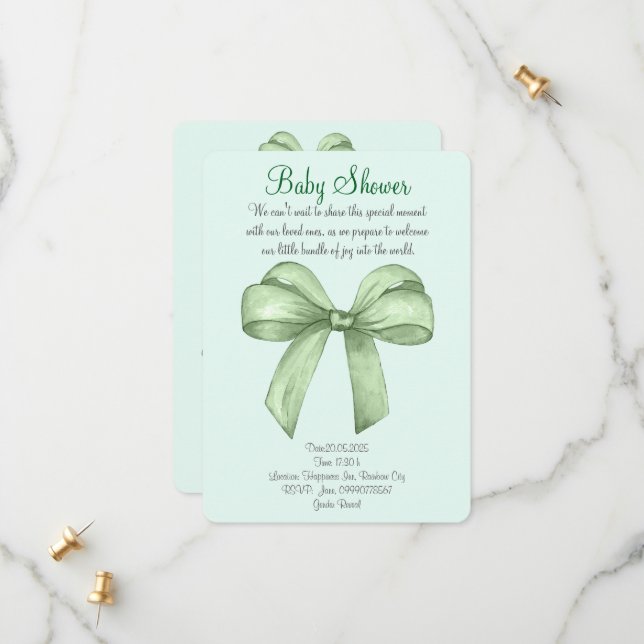 Cute watercolor green bow invitation (Front/Back In Situ)