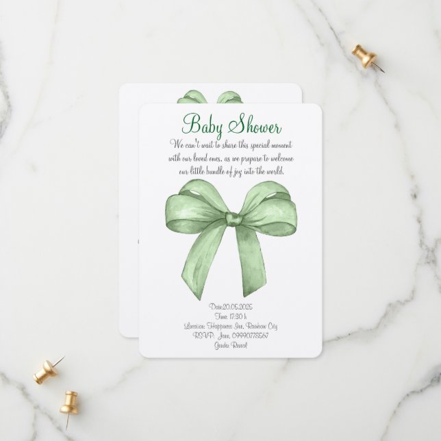 Cute watercolor green bow invitation (Front/Back In Situ)