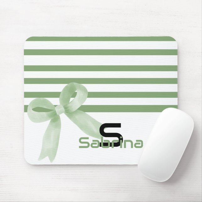 Cute Watercolor Green Bow Stripes Mousepad (With Mouse)