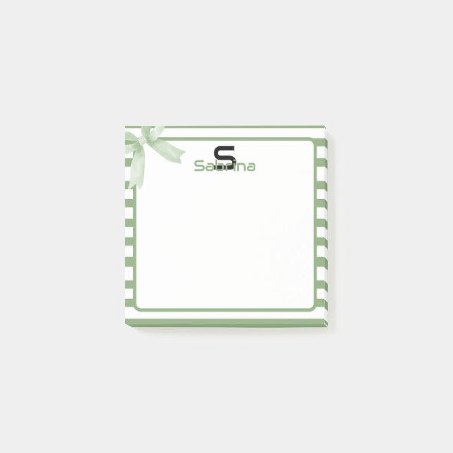 Cute Watercolor Green Bow Stripes Post-it Notes (Front)