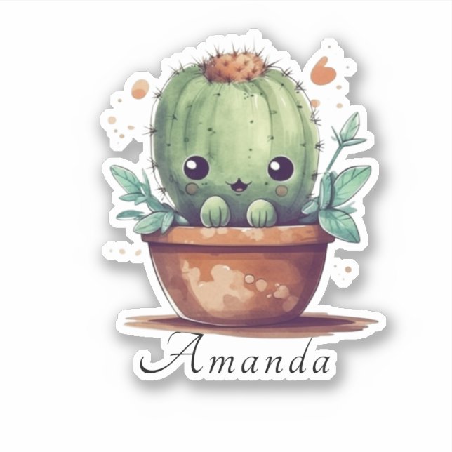 Cute Watercolor Green Cactus Name Custom Cut (Front)