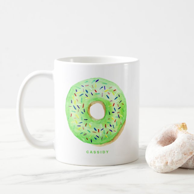 Cute Watercolor Green Doughnut Sprinkles Personali Coffee Mug (With Donut)