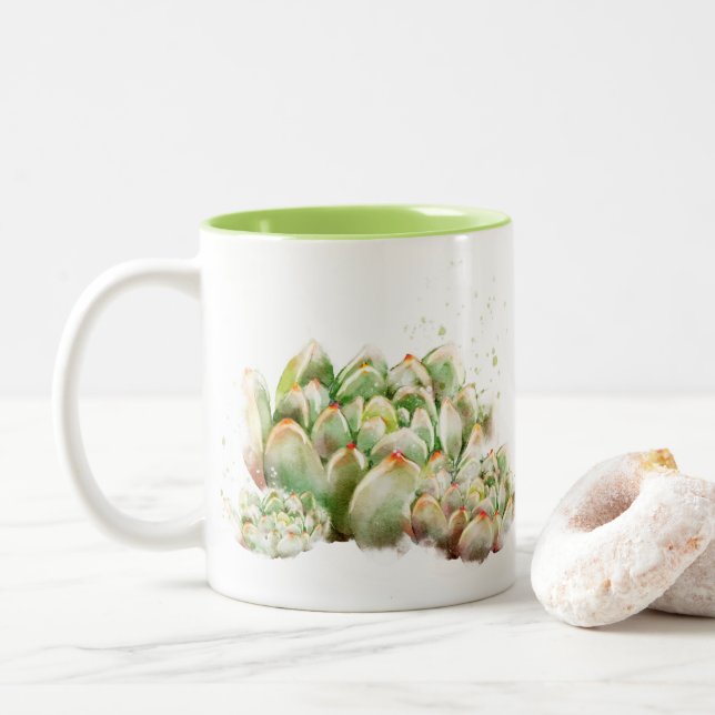 Cute watercolor green Succulent cactus mug (With Donut)