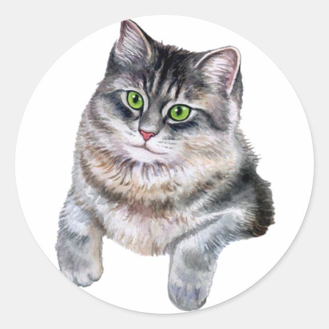 Cute Watercolor Grey Tabby Cat  Classic Round Sticker (Front)