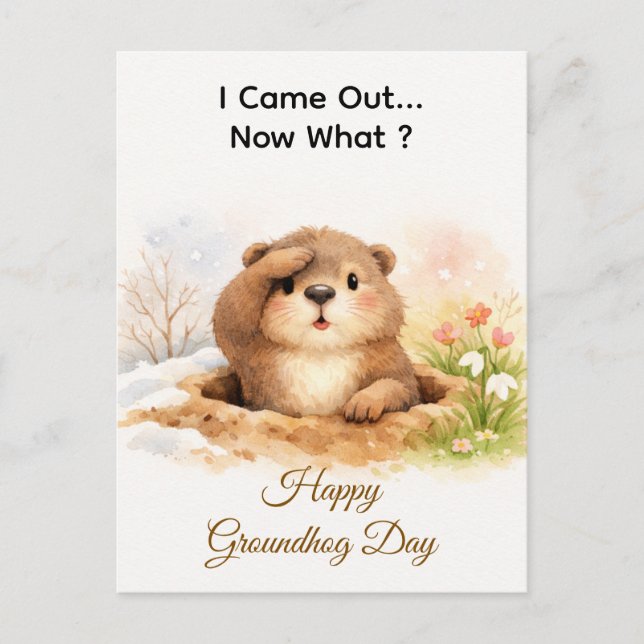 Cute Watercolor Groundhog Popping Out Of Hole Holiday Postcard (Front)