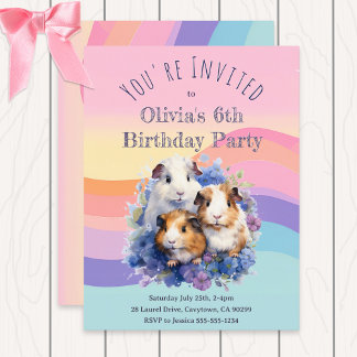 Cute Watercolor Guinea Pigs Pretty Birthday Party Invitation Postcard