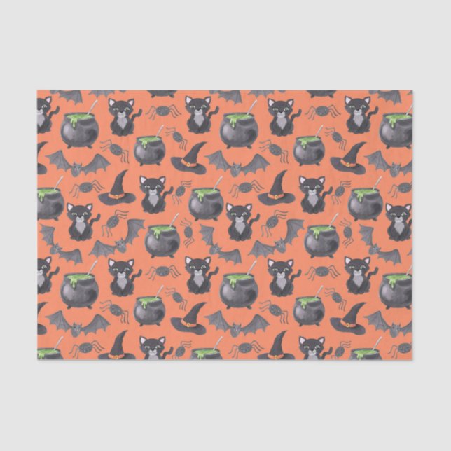 Cute Watercolor Halloween Cats & Cauldrons Tissue Paper (Front)