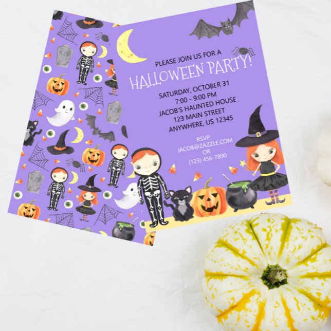 Cute Watercolor Halloween Costume Kids Invitation (Scare up some fun with this cute Halloween party invitation!)