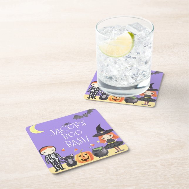 Cute Watercolor Halloween Costume Kids Square Paper Coaster (Insitu)