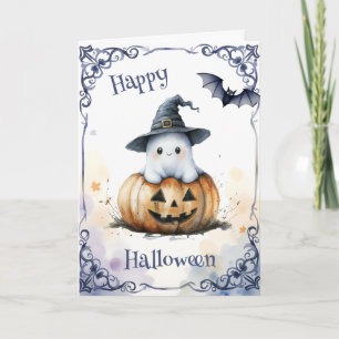 Cute Watercolor Halloween Ghost on a Jack o’ Lante Card