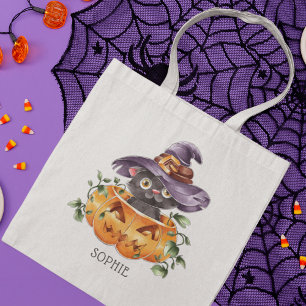 Cute Watercolor Halloween Pumpkin Cat Tote Bag