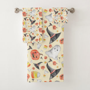 Cute Watercolor Halloween Witch's Hat Ghost Spooky Bath Towel Set