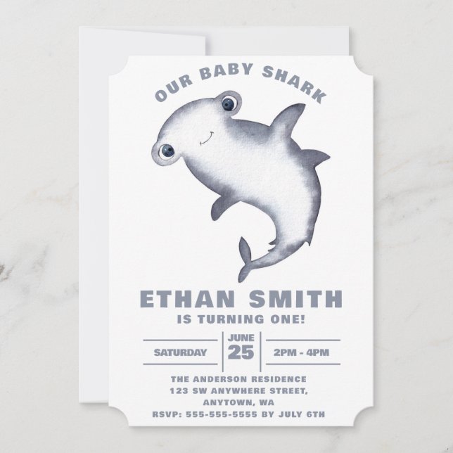 Cute Watercolor Hammerhead Shark Birthday Invitation (Front)