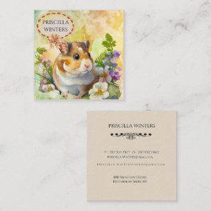 Cute Watercolor Hamster and Flowers Square Business Card